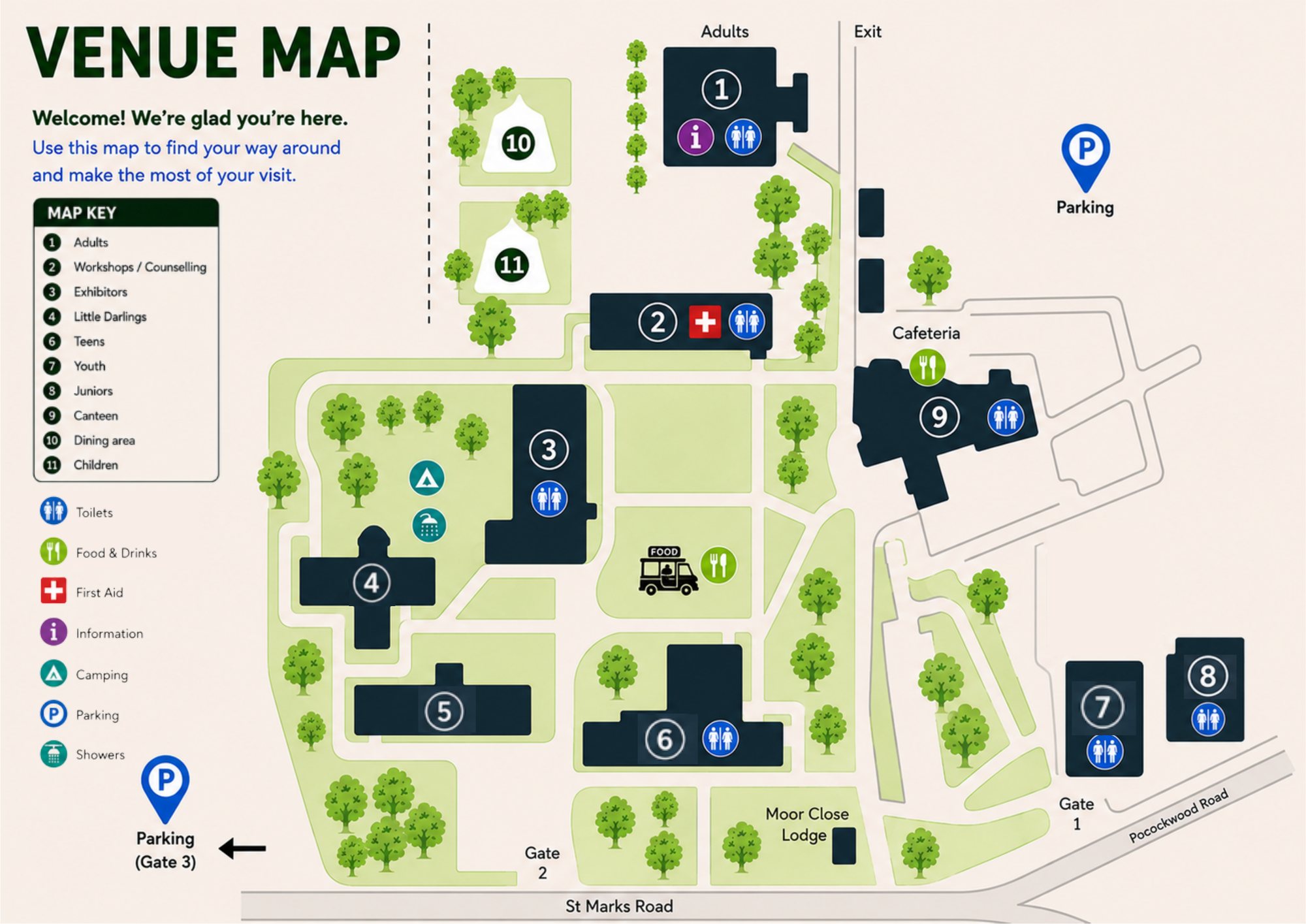 Campus venue map showing numbered buildings, parking, gates, food and first aid